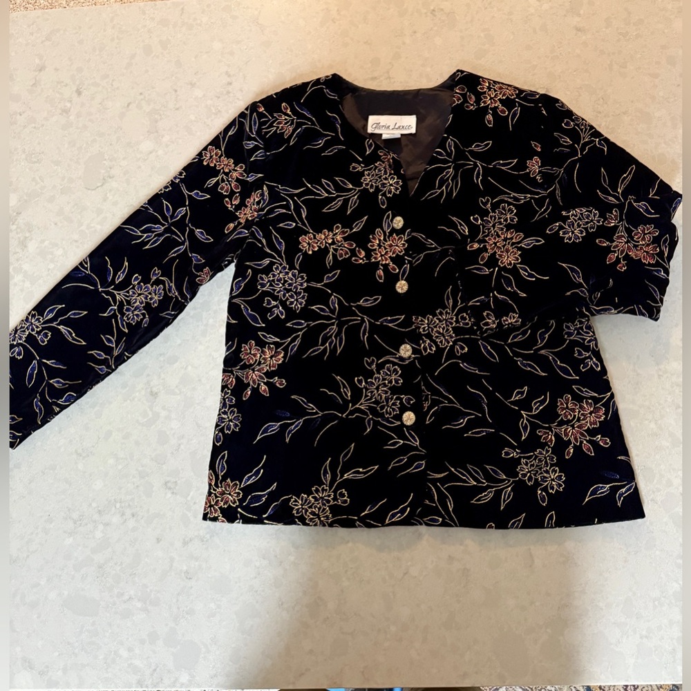 Vintage Gloria Lance Black Velvet Metallic Floral Designs Jacket Petite M
